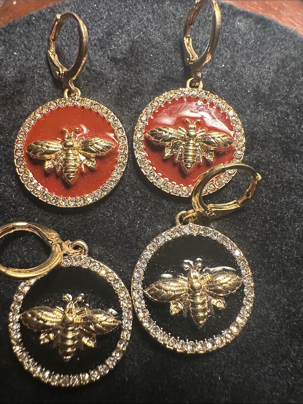 Gold Bee Drop Earrings in Black and Red Enamel - Women's Jewelry